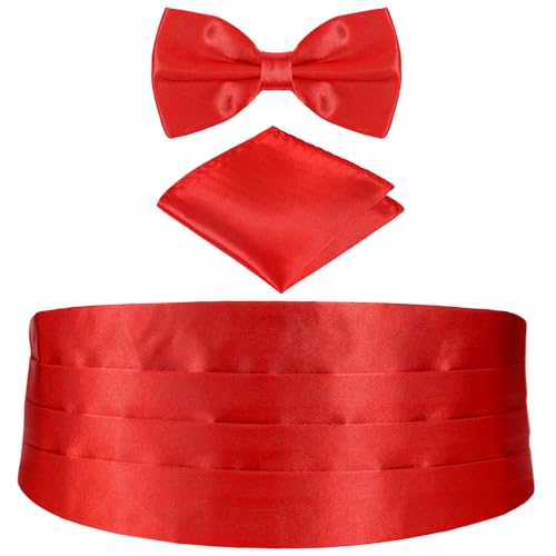 VICASKY 3pcs Mens Formal Woven Satin Cummerbund Mens Premium Cummerbund Adjustable3pcs Men'S Satin Bow Tie Cummerbund Hanky Set, Adjustable Polyester Formal Wear Accessories for Weddings, Proms