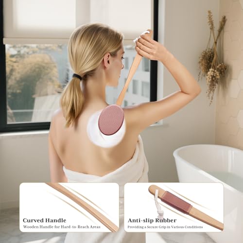 Image of AmazerBath Lotion Applicator for Back, Feet, 4 Replacement Pads with 17 inch Curved Handle, Back Sunscreen Applicator for Kids, Elderly, Women, Apply Skin Cream Medicine Moisturizer Tanner, Coffee Pink