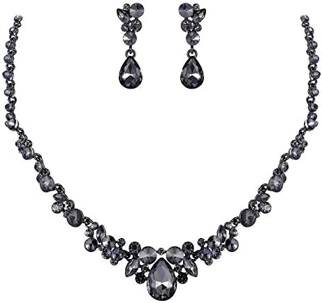 EVER FAITH Women's Rhinestone Crystal Elegant Wedding Floral Teardrop Necklace Earrings Set Grey Black-Tone