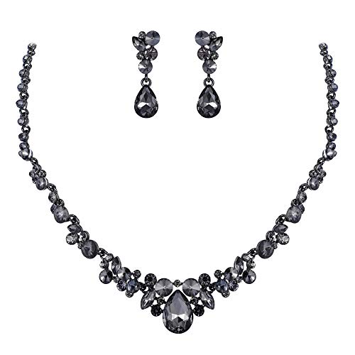 Ever Faith Women's Rhinestone Crystal Elegant Wedding Floral Teardrop Necklace Earrings Set Grey Black-Tone #TOP16
