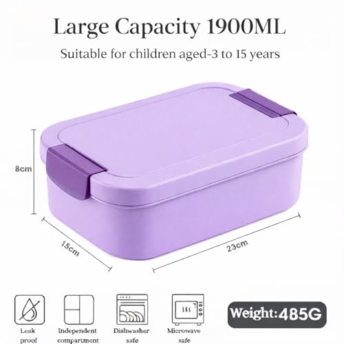 Image of YELONA Lunch Box for Office & Kids 1900ML | Double Layer Leakproof Bento Box with 5 Compartments | Microwave Safe, Built-in Spoon & Fork, BPA Free Tiffin Box - Purple
