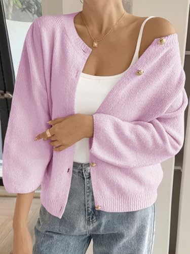 Cicy Bell Womens 3/4 Puff Sleeve Cardigan Sweater Fall Trendy Casual Button Up Loose Fit Cropped Knit Sweaters Pink2