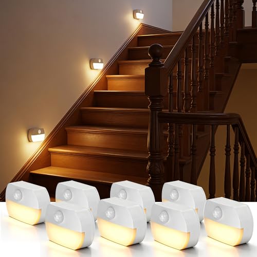 Image of L LOHAS LED Motion Sensor Step Lights Indoor, Battery Operated Stair Lights with Warm White 3000K, Wireless Stick-On LED Night Lights for Hallway, Bedroom, Under Cabinet, Kitchen, 8 Pack