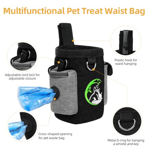 Adiwo Leckerlitasche für Hunde, Hunde Leckerlibeutel und Training-Clicker, wasserdichte Freihändige Hundeleckerlitasche mit Kotbeutelspender Mehreren Taschen,Gürteltasche für Hundespaziergang,Schwarz