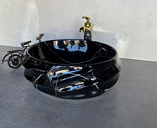 Image of Designer Glossy Finish Ceramic Art Table Top Wash Basin For Bathroom | Collapsible Countertop Washbasin (Black White Glossy Art, 16 x 13 x 6 Inch)