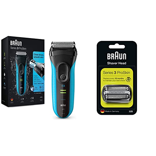 Braun Series 3 ProSkin 3040s Rasoio Elettrico Uomo a Lamina, Wet&Dry, Ricaricabile, Nero/Blu con Testine di Ricambio 32B, Nero