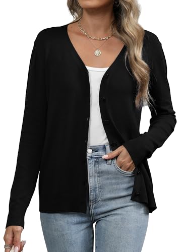 Famrrifuu Gilet Femme Cardigan avec Bouton Col en V Été Printemps Manches Longues Veste Tricot Léger Casual Gilets, Noir, S