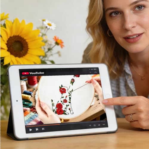 Image of Flowers Cat Embroidery Kits for Beginners Adults, Cute Hand Embroidery Starters Kits, Floral Stamped Cross Stitch Kits Needlepoint Kits for Beginners Adults, Embroidery Hoop, Thread and Video Tutorial