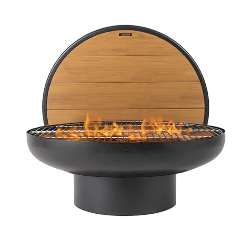 32 Inch Cast Iron, Round Fire Pit Table with Fire Pit Grill, Extra Thick, Heavy Duty Fire Bowl, Deep Outdoor Firepit, Wood Burning Firepits for Outside Patio, Backyard Fire Pits, Large BBQ Pit