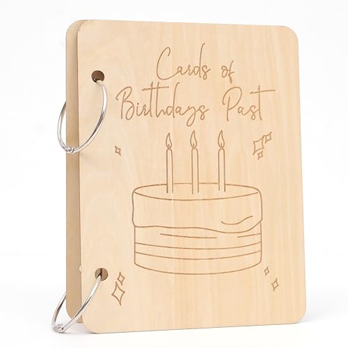 Image of Cards Of Birthdays Past Wooden Cover - Greeting Cards Book Organizer,Birthday Photo Binder Keeper With Metal Rings,Keepsake Album Wooden Holder,Cover Cake For Birthday Card Collection