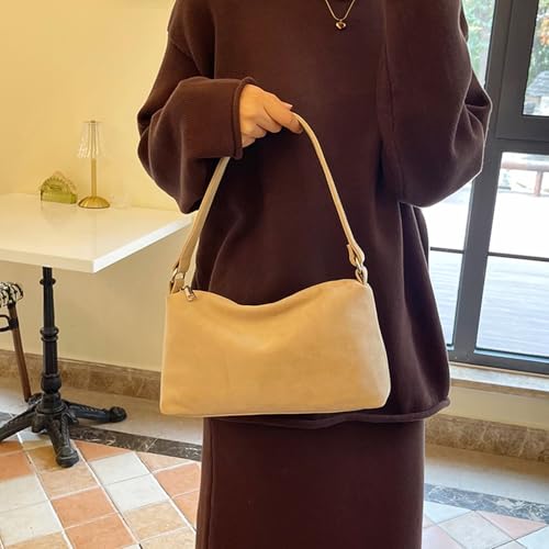 Suede Square Bag Retro Shoulder Bag Simple Underarm Bag Commute Handbag (Beige)4