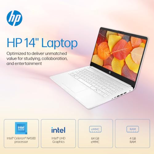 Image of HP 14 inch HD Student Business Laptop, Intel N4500, 4GB RAM, 320GB Storage | (64GB eMMC+256GB SD Card), Dual Speakers, HD Camera, Sleek design, Copilot AI, WiFi 6, 1 Year Office 365, Win 11 Home S,White