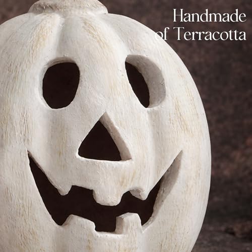 Fall Decor - Halloween Decorations - 7.5"H White Handmade Terracotta Pumpkin Jack O' Lantern with Artisan Finish - Outdoor Indoor Autumn Decoration for Table Centerpieces Porch Room Front Door Mantel — view 3