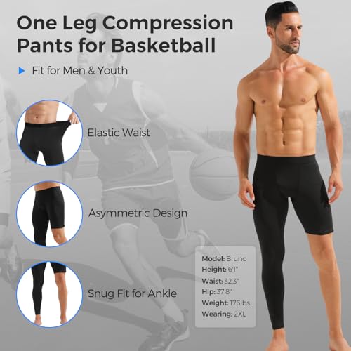 Hotfiary 2 Pack Men's One Leg Compression Pants Basketball Tights Long Football Single Leg Sleeve Sports Athletic Base Layer3