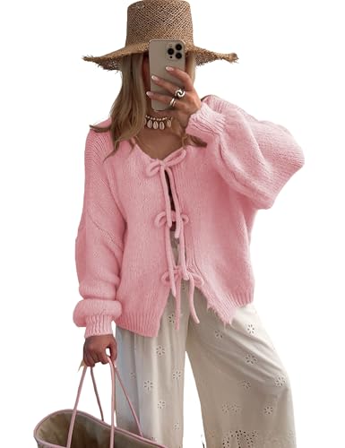 Image of SKIKYAN Women Bowtie Oversized Knit Sweater Cardigan Y2K Long Sleeve V Neck Open Front Casual Knitwears
