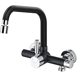 Grifo Doble Fregadero Lavavajillas ONECE Grifo Cocina de Pared con 2 Modos, con Interfaz de Lavavajillas 3/4´´, Mezclador Cocina con Rociador de Caño Giratorio, Grifos Monomando Giratorio de 360°, Acero Inoxidable 304, Negro