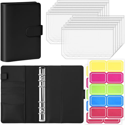Antner A6 Budget Binder with Zipper Cash Envelopes for Money Organizer & Budgeting PU Leather Budget Planner Money Saving Binder with Cash Stuffing Envelopes & Labels for Home Office Travel Black