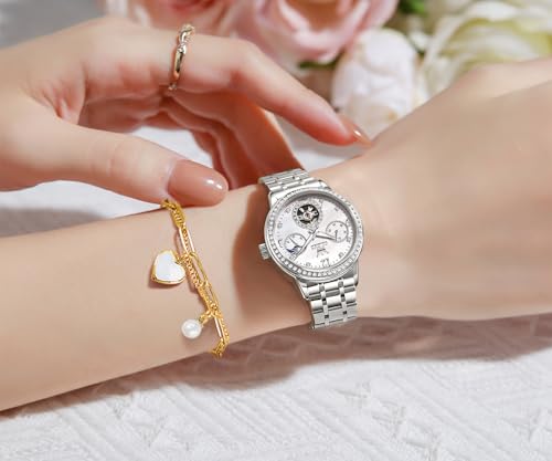 Image of OLEVS Women Watches Automatic Mechanical Set Casual Diamond Dress Ladies Self Winding Two Tone Wrist Watch Date