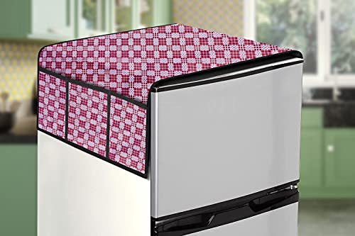 Image of Stylista Refridgerator top Cover Suitable for Samsung RT28C3742S8 /HL, 236 Liter Fridge, Dimension (WXD) 65x111 CM, Checkered Pattern Magenta