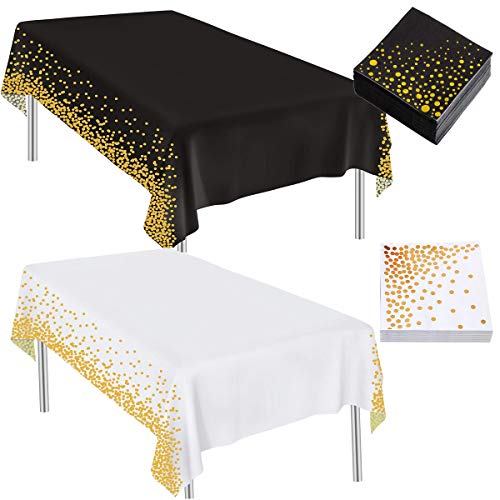 Binjor 2Pcs Mantel Desecheble Oro Blanco Plástico Rectangular Espesado Resistente al Agua y al Aceite Cubiertas de Mesa y 50 Hojas servilletas de Papel para Banquetes Cumpleaños de Niños Tertulia Cover
