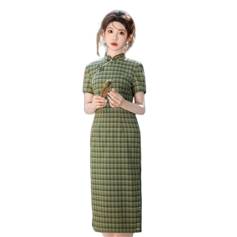 Cheongsam coupe étroite rétro à carreaux avec manches courtes légères