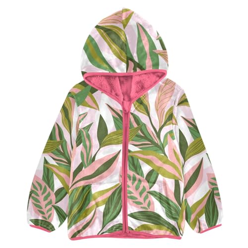 OTVEE Trendy Pink and Green Tropical Leaves Kids Hoodie Jacket Fall Spring Full Zip Warm Outwear Coat - Main Image