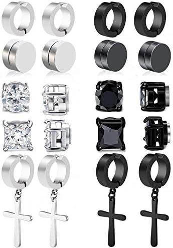 CARSHIER 10 Pairs Non Pierced Magnetic Stud Earrings for Men Women Clip On Huggie Hoop Dangle Earrings Set