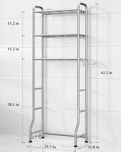 Image of Kitsure Over Toilet Storage Rack - Metal Over Toilet Bathroom Organizer Shelf, Over the Toilet Storage Cabinet with Paper Holder and Hooks, Bathroom Cabinet for Laundry, Silver, 3 Tiers (63.2 inch H)