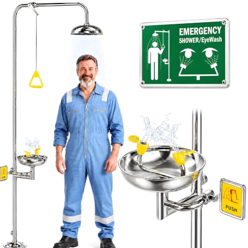 Image of 304 Stainless Steel Combination Emergency Eye Wash Station with Shower，OSHA Approved，ANSI Z358.1-2014 Standards with Emergency Sign, NPT Threads, Industrial Grade for First Aid
