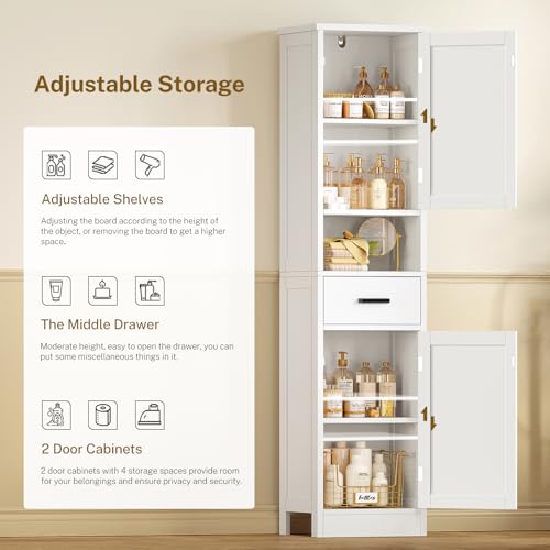 Image of TEENFON 67 inch H Bathroom Storage Cabinet with Barn Doors & Adjustable Shelves, Bathroom Cabinet with Drawer, Narrow Bathroom Storage Unit, Floor Cabinets for Living Room, Kitchen, White