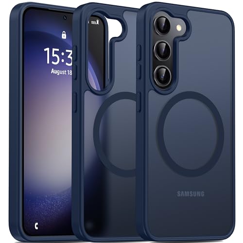 Image of Oterkin Magnetic for Samsung Galaxy S23 Case Matte, S23 Phone Case Compatible with MagSafe Frosted Translucent Shockproof Anti-Scratch Slim Fit Case Military Grade Protection (Dark Blue)