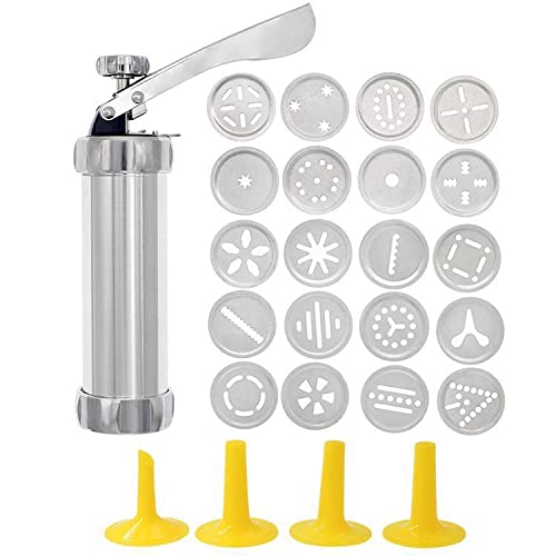 TSQZE Edelstahl Gebäckpresse Gebäckspritze, Keks Pressmaschine Plätzchenpresse Teigspritze Mit 20 Schablonen Und 4 Tüllen, Multifunktional Garnierspritze Keksmaschine Für Kekse Kuchen Dessert