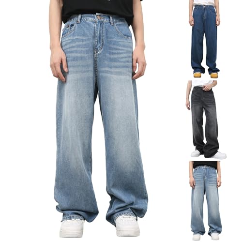 Mens Stretch Jeans Straight Leg Baggy Vintage Loose Hip Hop Denim Pants Fall Winter Y2k Streetwear with Pockets