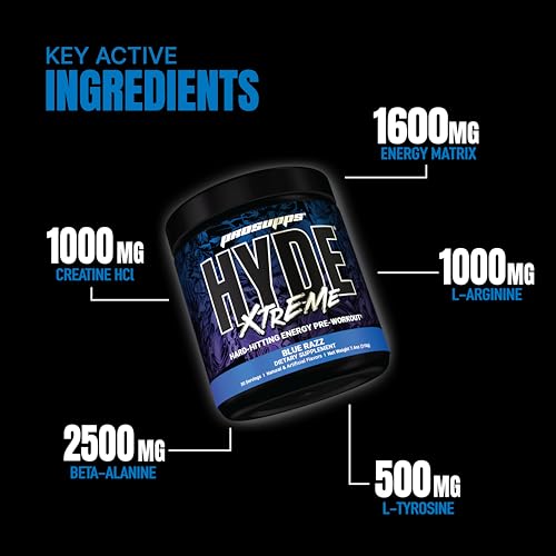 Image of Prosupps HYDE Xtreme- Hard Hitting Energy Pre Workout Supplement | Caffeine, Beta-Alanine, Creatine Hcl, L-Arginine | For Muscle Pump, Vascularity|30 Servings (Blue Razz), Powder, 195 grams