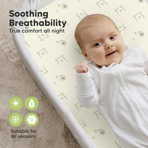 Image of 2pk Organic Bassinet Sheets, Compatible with Baby Delight (Bumble Bear) | 100% Cotton Bassinet Sheets for Boys, Girls, 32 x 21 Rectangle Baby Bassinet Mattress Sheets, Soft Breathable Bedside Cover