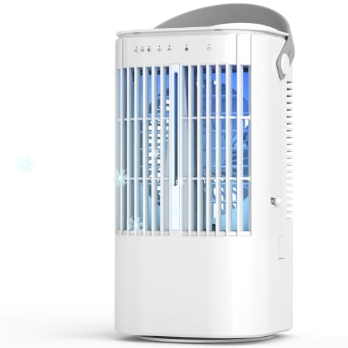 4-in-1 luchtkoeler, draagbaar, mini-airconditioning met tank van 900 ml, 3 snelheden, 2 nevelmodi, timer 2 uur/4 uur, oscillatie 90 graden, USB-C, 7 ledlampen, ideaal voor slaapkamer en kantoor
