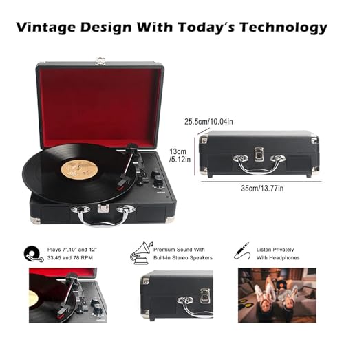 Giradischi vintage Bluetooth in vinile, giradischi retrò a 3 velocità con altoparlanti stereo integrati, adatto a dischi da 33/45/78 giri/min e 7 "/10 "/12 ", nessuna condizione di salto, per regalo