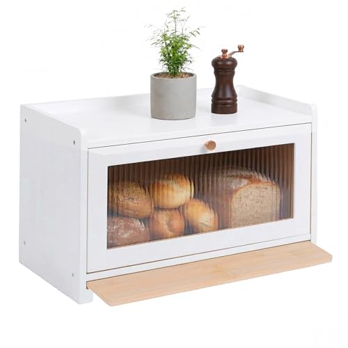 Relaxdays Brotkasten Bambus Schneidebrett Ablage Luftlöcher Sichtfenster HxBxT: 26 x 40 x 25 cm Brotbox weiß