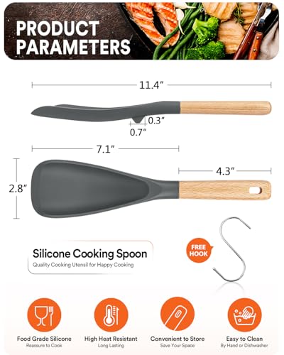 Image of Cooking Spoon for Nonstick Cookwares, Great for Cooking and Serving Durable BPA-Free Matte Silicone, Wood Handle Spoon for Mixing, Scoop, and Scrape