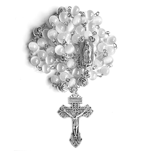 rosary beads catholic for women and men, 8mm White Cat's Eye rosary beads with Ornate Silver Crucifix and Virgin Mary Medal