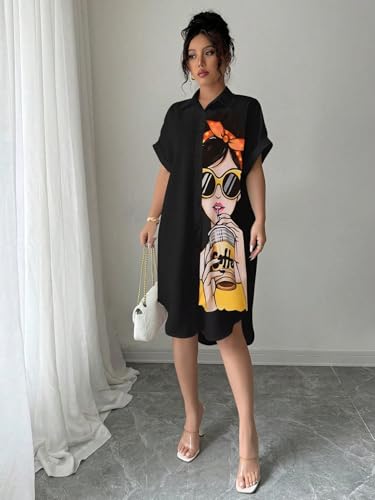 Image of Women's Graphic Print T-Shirt Dress | Stylish Oversized Longline T-Shirt for Women & Girls | Casual Printed Long Top | Trendy Beach & Resort Wear Western One Piece Dress (25 D-1 BLACK-2XL)