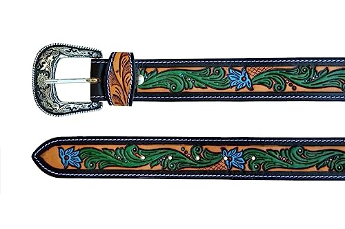 Western Genuine Leather Floral Tooled Casual Jeans Belt With Removeable Buckle 30AB1084