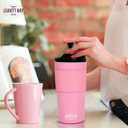 Portable French Press Travel Mug – Insulated Stainless Steel French Press Mug for Hot or Cold Brew – Durable Travel Coffee Maker – On-the-Go Tea & Coffee Maker (Pink)