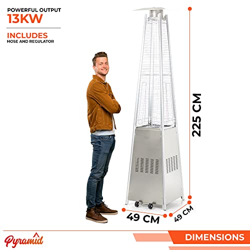 REALGLOW Real Flame Outdoor Pyramid Patio Heater in Stainless Steel - 13KW Propane Gas Standing Floor Heater for Outdoors & Gardens - Outside Space Heating for Decking, Home Garden & Gazebo - 3