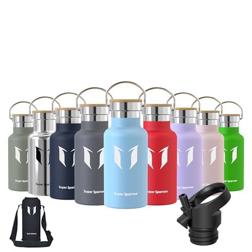 Super Sparrow Vattenflaska Barn - 350ml - Rostfritt Stål Metallflaska - Termos Standard Mun - Giftfri BPA-Fri - Perfekt Som Sportflaska - 2 Lock
