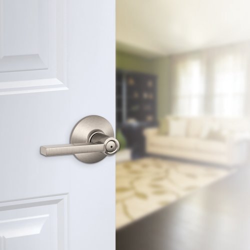 Image of SCHLAGE Latitude Bed /Bath Privacy Door Handle with Lock, Satin Nickel | Interior bedroom or bathroom door lever with push button lock, Reversible, Easy install, Certified durability, Universal fit