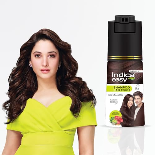 Image of Indica Easy Do-It-Yourself Hair Color Shampoo Pump Pack with 5 Herbal Extracts and 100% Ammonia Free, Long Lasting Formula, 180 ML - Natural Brown Colour (Gloves Included)