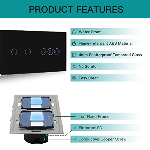 BSEED Alexa WiFi Ber&uuml;hrungssensor Touch Schalter 2 Fach 1 Weg Fernbedienung mit Smart Life/Tuya APP mit Smart Vorhang Schalter Alexa und Google Home Kompatibel Schwarz