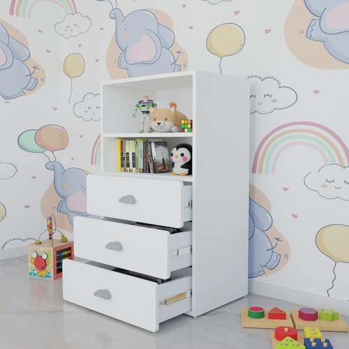 Image of VIKI Kids Wardrobe Almirah - Storage Cabinet with 3 Drawers & Open Shelf for Bedroom, White (40x60x102 cm) | 1 Year Warranty