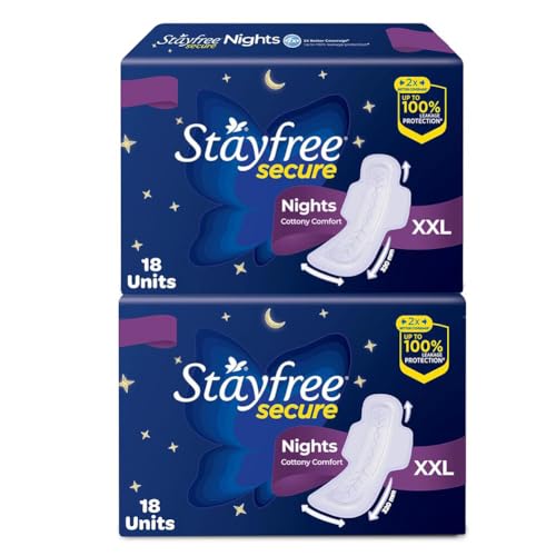 Image of Stayfree Secure Night Ultra Comfort Sanitary Pads - XXL Wings, 18 Pads (Pack of 2) | Overnight Protection | Leak-Lock Technology